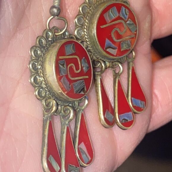Vintage Signed ALPACA MEXICO Red Round w/Abalone Inlay Earrings Teardrop Dangles - Picture 5 of 10